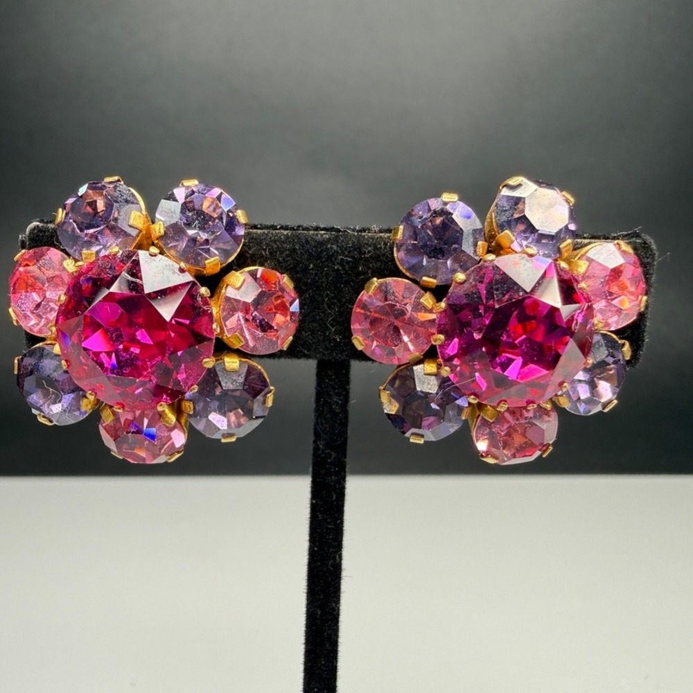 Vintage Austrian Crystal Clip On Earrings Cluster Pink Purple Glass Gold Tone